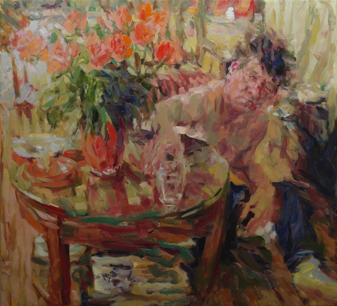 2014-01-07, pink roses on my table, 110x120cm